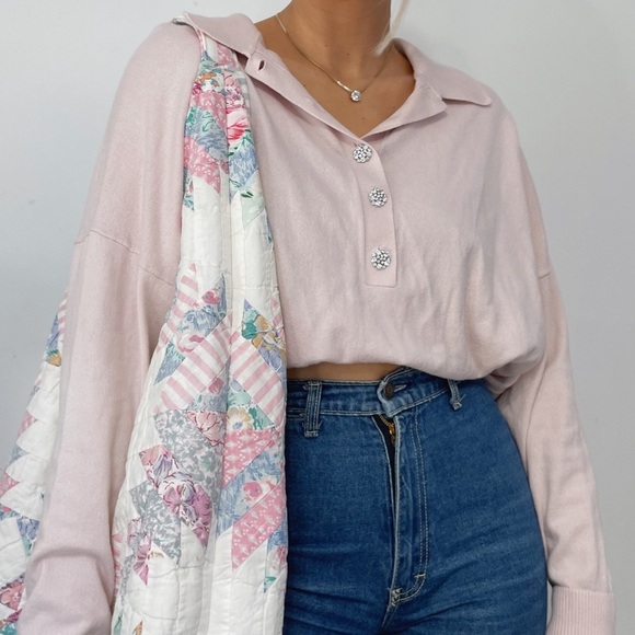 BODEN Pink Pastel Collared Knit Rhinestone Detail Oversized Sweater Top - Picture 1 of 9